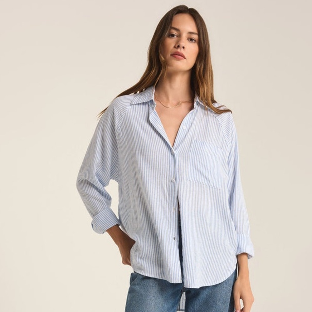 Z Supply Perfect Linen Striped Top, Bay Blue, M